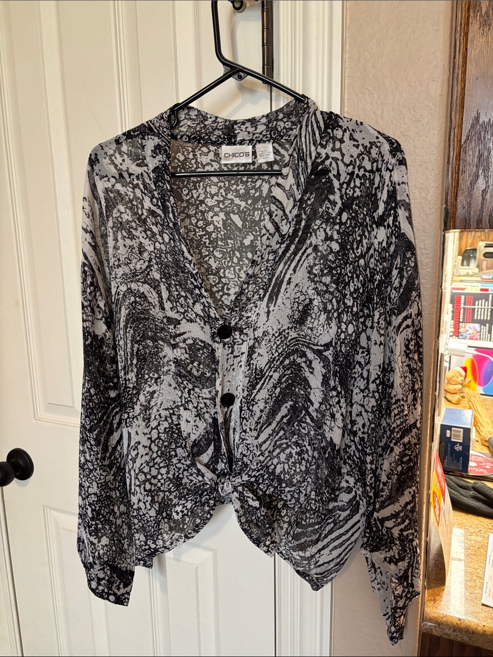 Chico's Black and Gray Marble-Effect Button Front Blouse